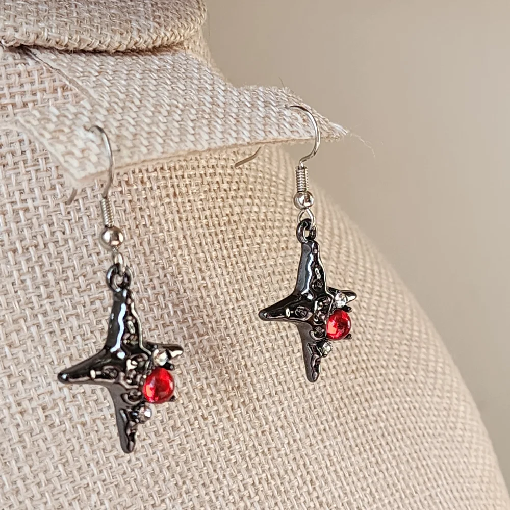 Goth Dark Gray and Red Star Earrings - Picture 2 of 5